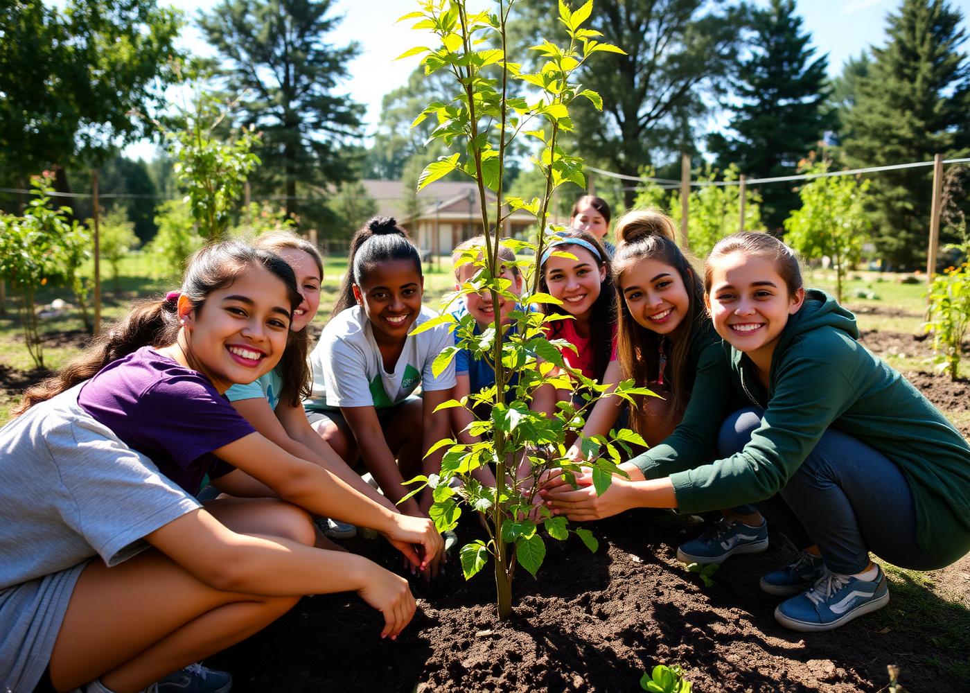 Young volunteers planting together